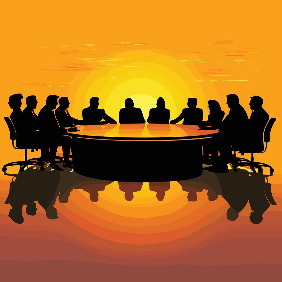 Business Meeting Silhouettes at a Sunset Conference Table vector