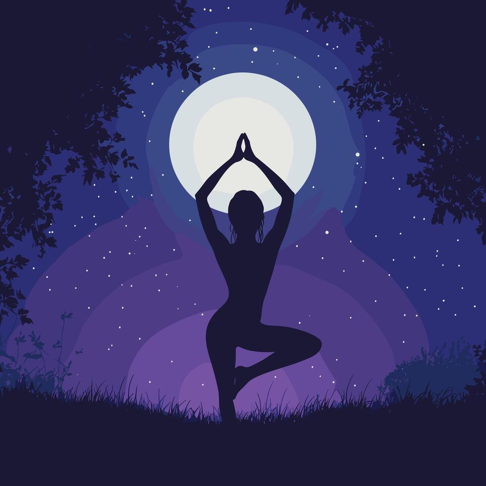 Yoga Pose Silhouette with Moonlit Sky and Trees vector