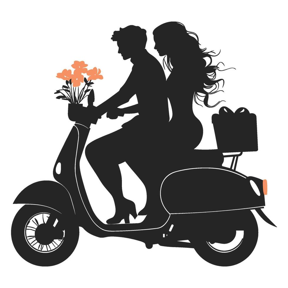 Couple Riding a Scooter with Flowers and Groceries Silhouetted vector