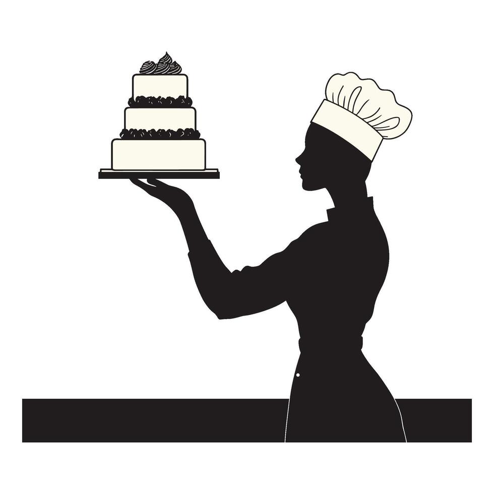 Chef Silhouette Holding a MultiLayer Cake on a Platter vector