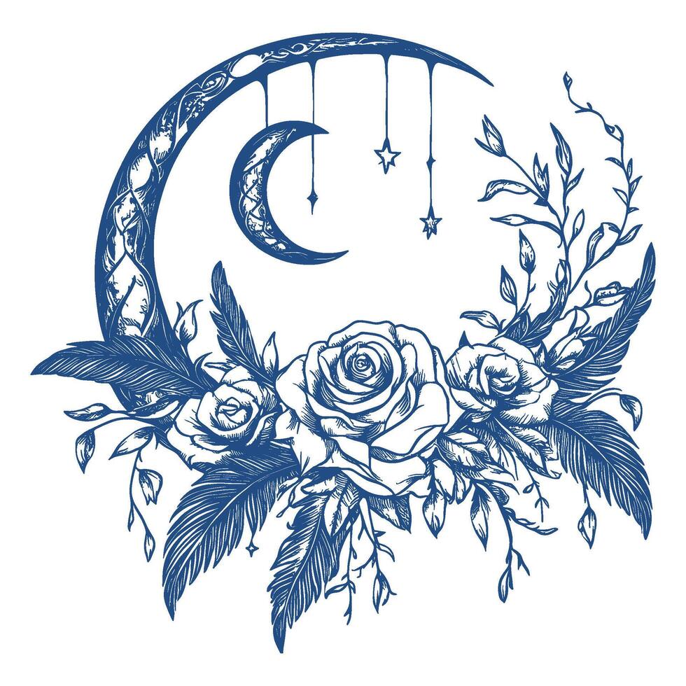 Elegant Floral Crescent Moon with Hanging Decorations vector