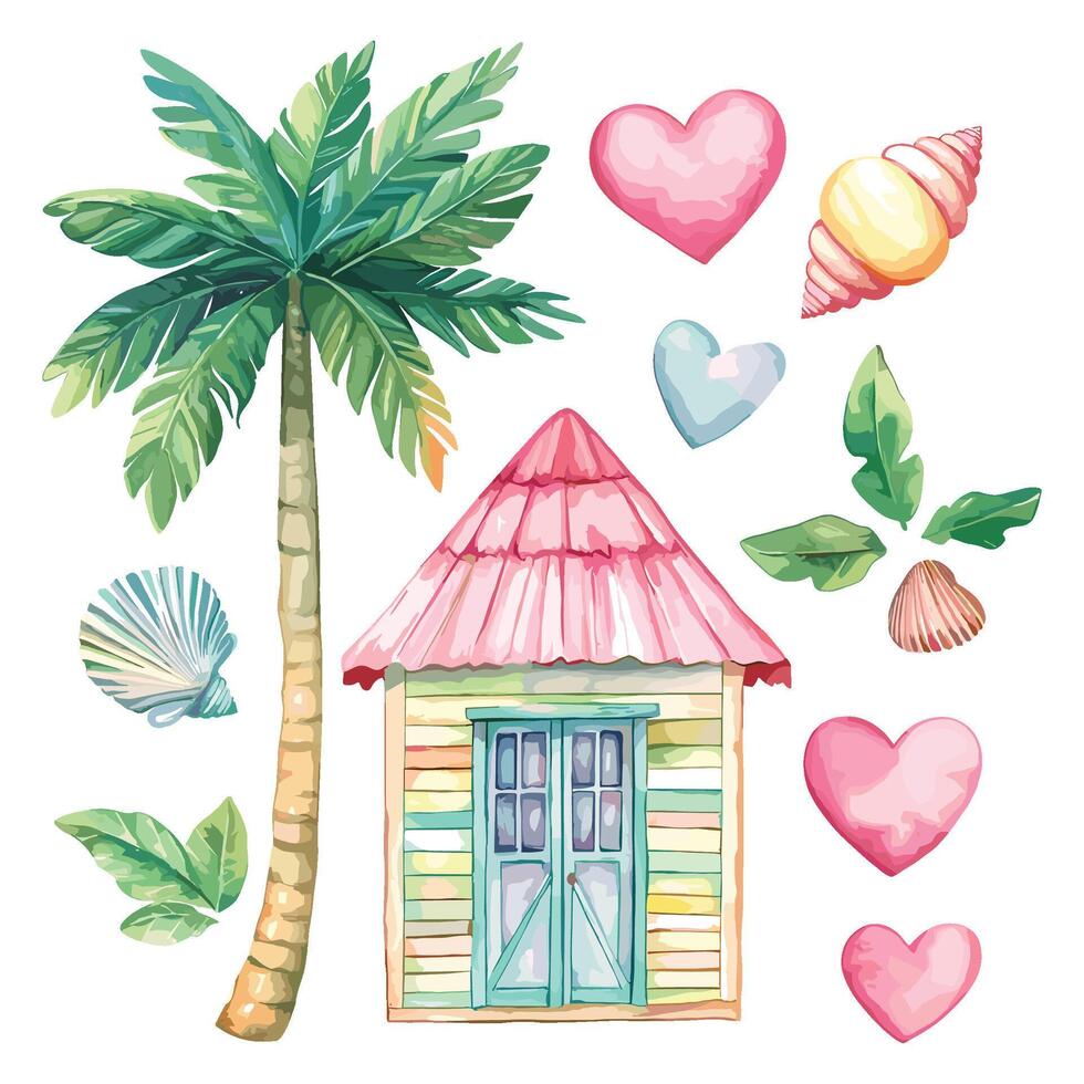 Pink Beach Hut with Palm Trees and Tropical Hearts vector