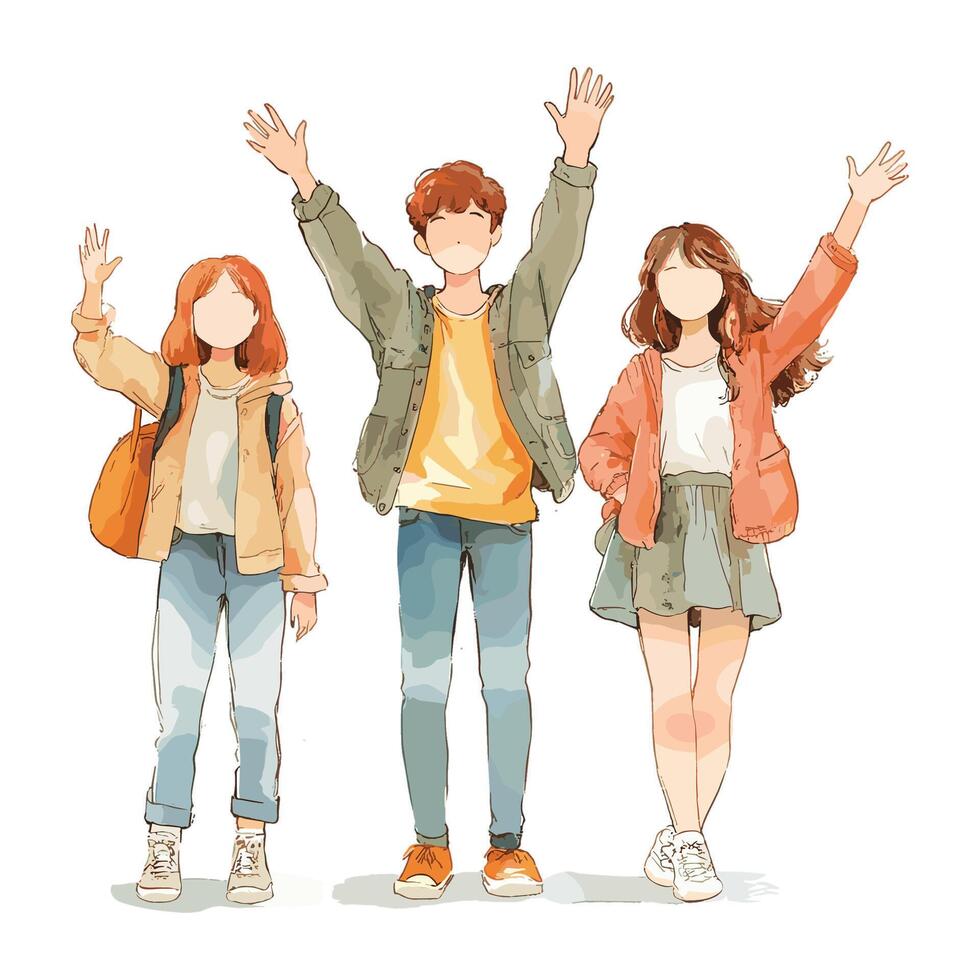 Three Friends Cheering Together with Arms Raised vector