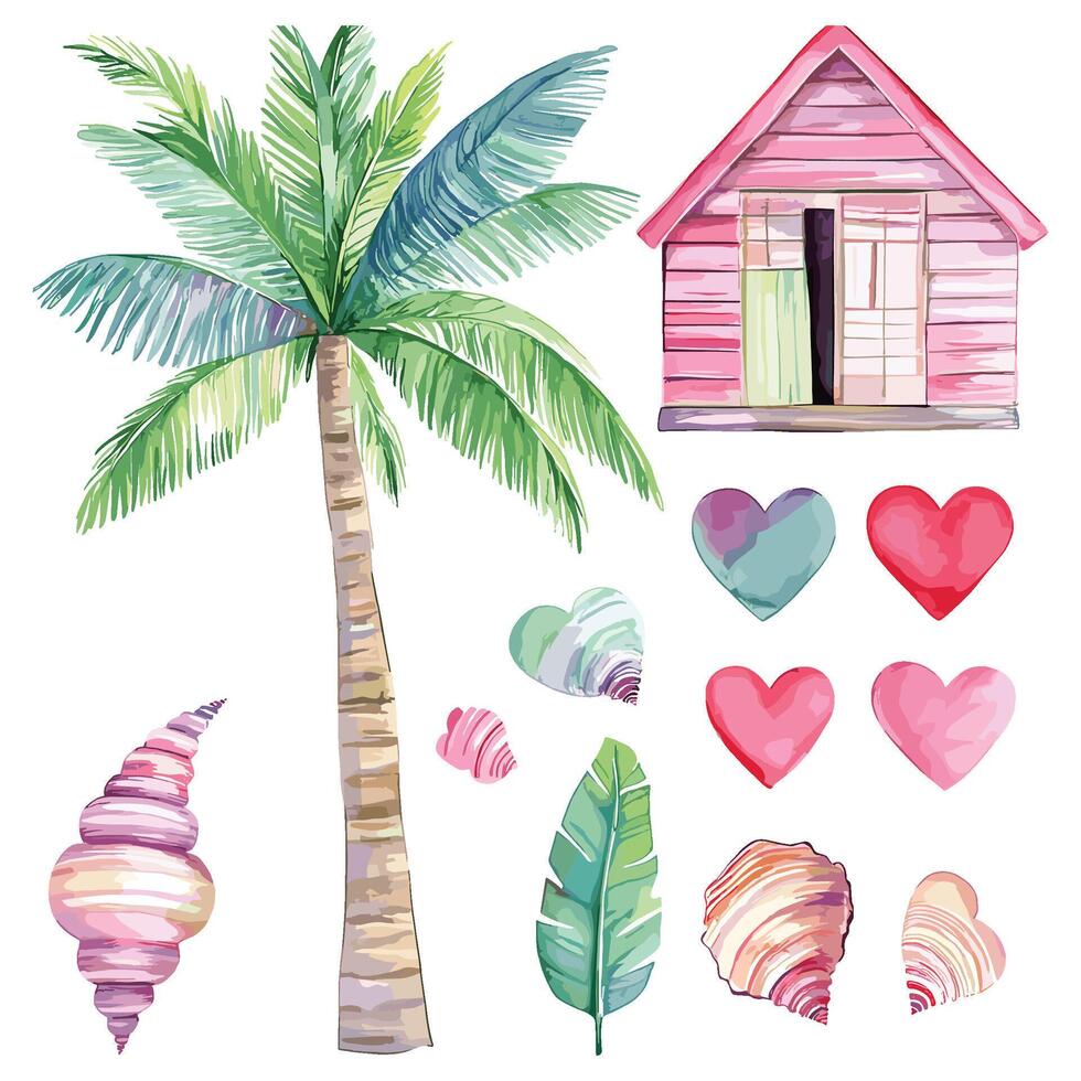 Decorative Tropical Elements with Shells, Palm Leaves, and Abstract Shapes vector