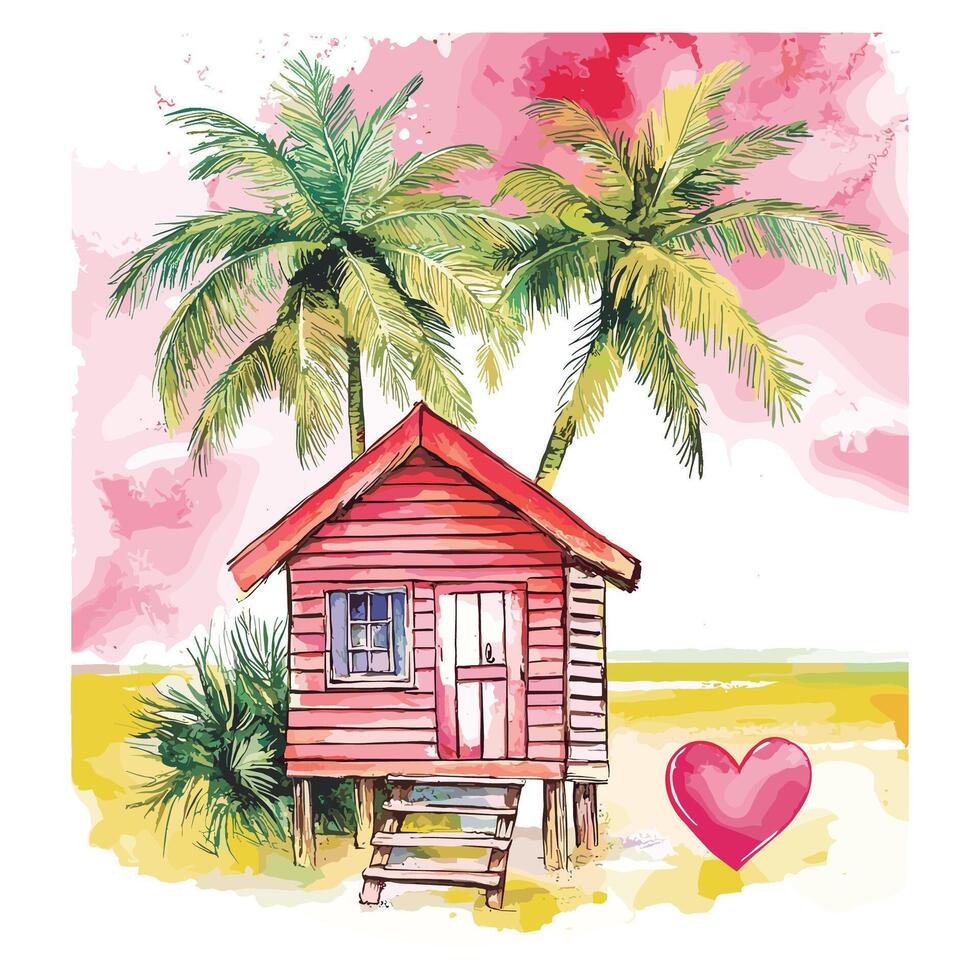 Tropical Beach Hut with Palm Trees and Heart Decorations vector