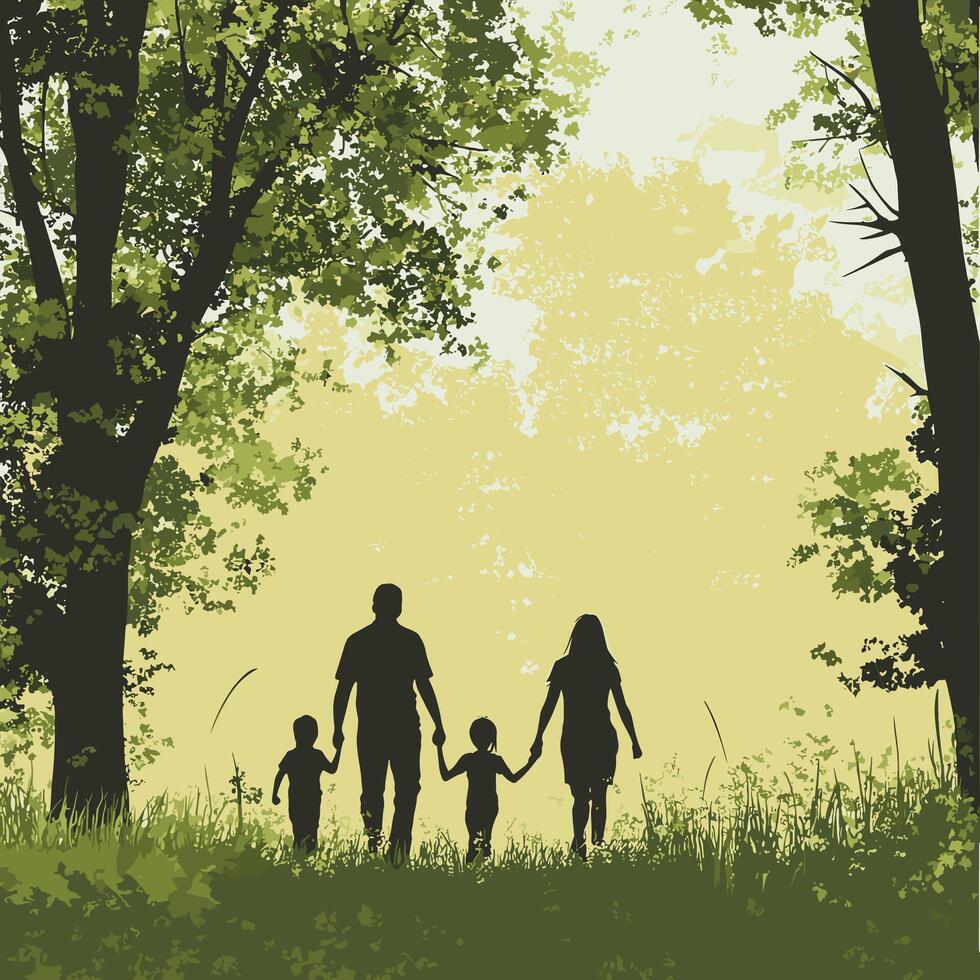 Group of People Walking Through a Sunlit Forest vector