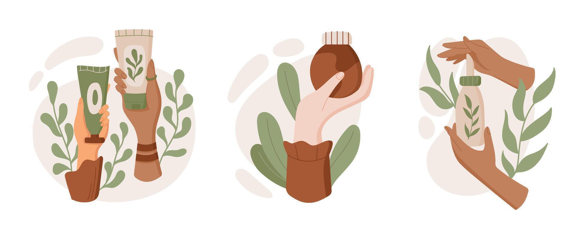 Isolated eco hygiene oil bottle in hand, trendy cartoon beauty product tube, colorful organic cosmetic cream jar, flat natural makeup pack set, illustration. vector