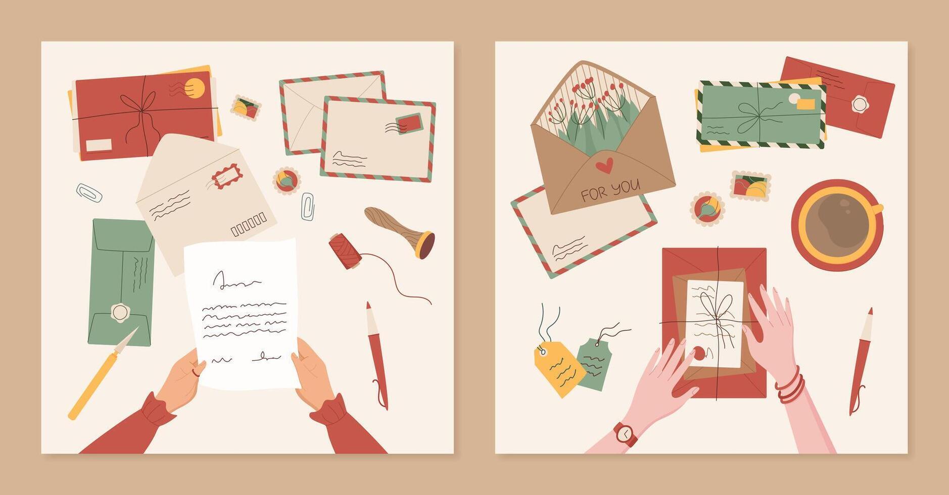 Cartoon character read handwritten letter postcard template, woman hands send greeting postcard with sheet of paper, creative craft envelope illustration with stamp and mark background design. vector