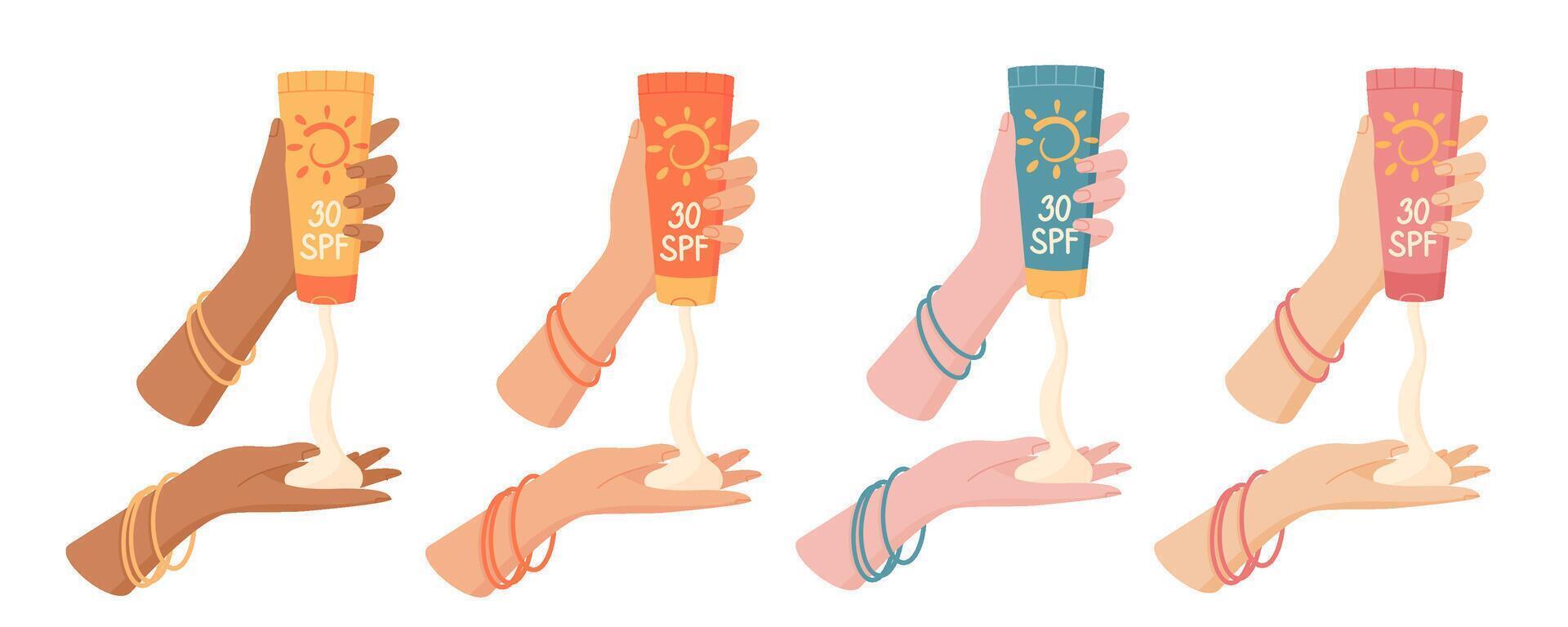 Isolated hands hold sunblock lotion pack set, woman character with uv block oil tube or sun screen moisturizer product, cartoon hand holds skin protection cream container or spf cosmetic bottle vector