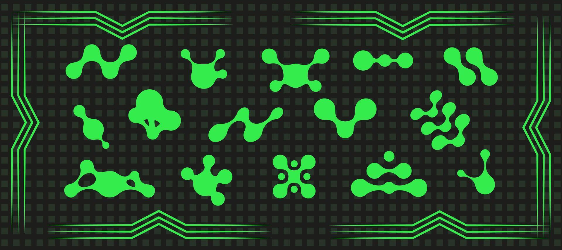 Space trippy y2k metaball decoration set, modern techno groovy morph dot collection, vintage streetwear 90s form aesthetic, futuristic psychedelic acid circle graphic, geometric trendy rave design, vector