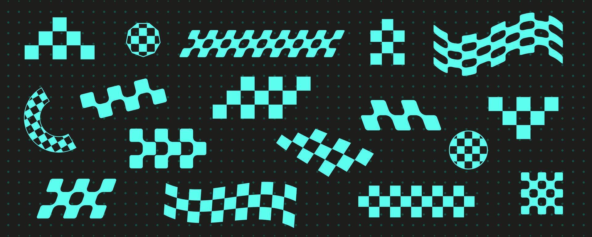 Vintage checker pattern shape set, modern techno groovy checkerboard decoration design, futuristic blue neon 90s chess element collection, geometric trendy y2k icon , retro abstract aesthetic, vector