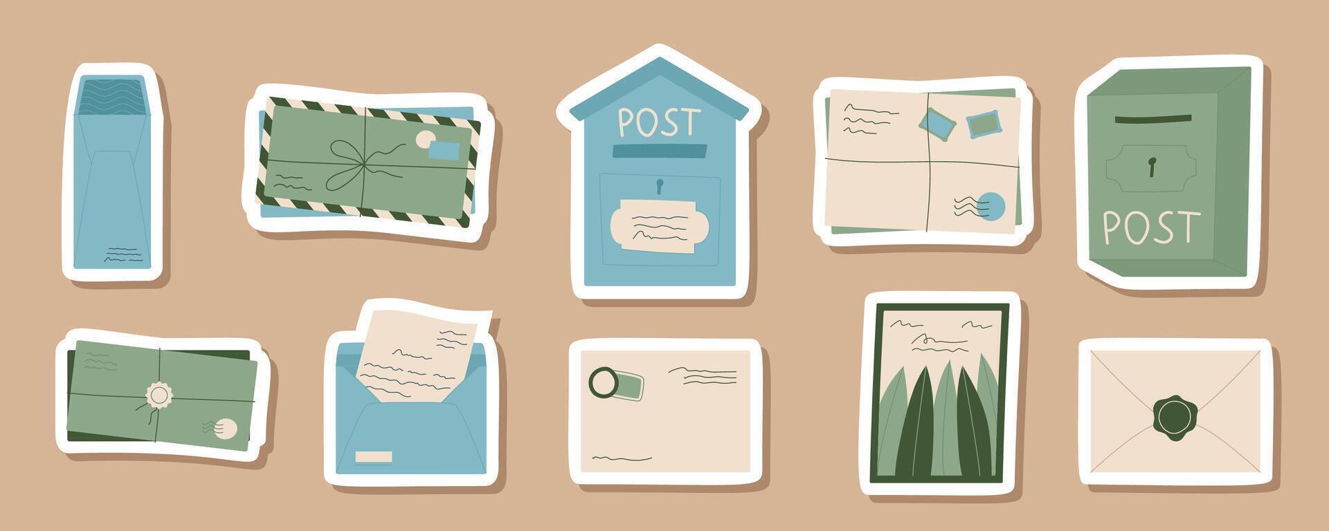 Flat handmade mail sticker pack design, creative greeting mail with paper note patch, trendy handwritten letter in sealed envelope badge, cartoon mailbox with post card and letter illustration. vector