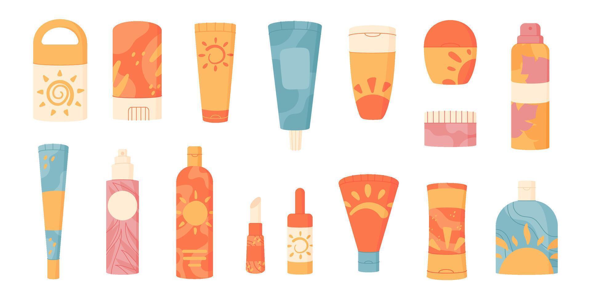 Isolated solar protection cosmetic container set with blank labels, template spf spray product collection, flat sunscreen oil pack and uv block cream bottle, creative sunblock moisturizer tube. vector