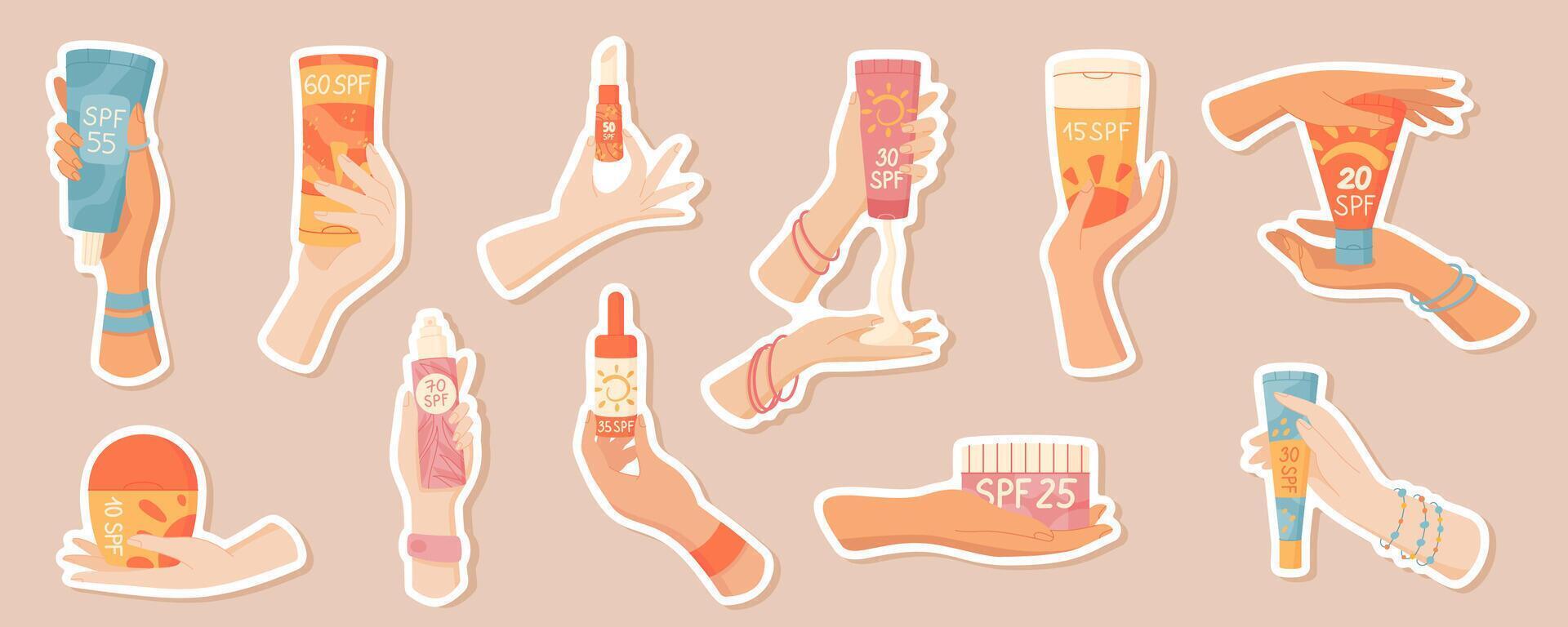 Hands hold sun protection cosmetic product sticker set, isolated badge with spf oil tube and woman hand, flat character holds sunblock lotion bottle, uv block cream container or sunscreen spray pack. vector