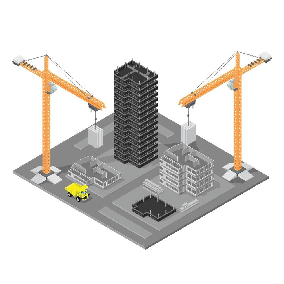 Isometric illustration Construction Site with Cranes and Buildings Under Construction Icon Color vector