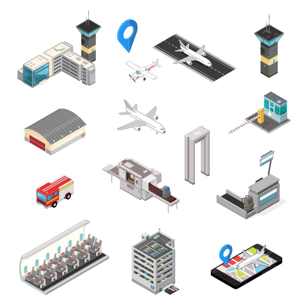 Isometric Airport Travel And Transport Icon Collection Set Illustration vector