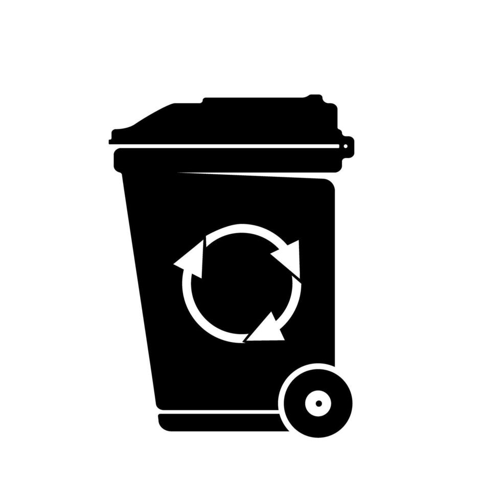 Black Trash Garbage Modern Wheelie Bin with Recycle Sign - Black Silhouette Icon Illustration Symbol vector