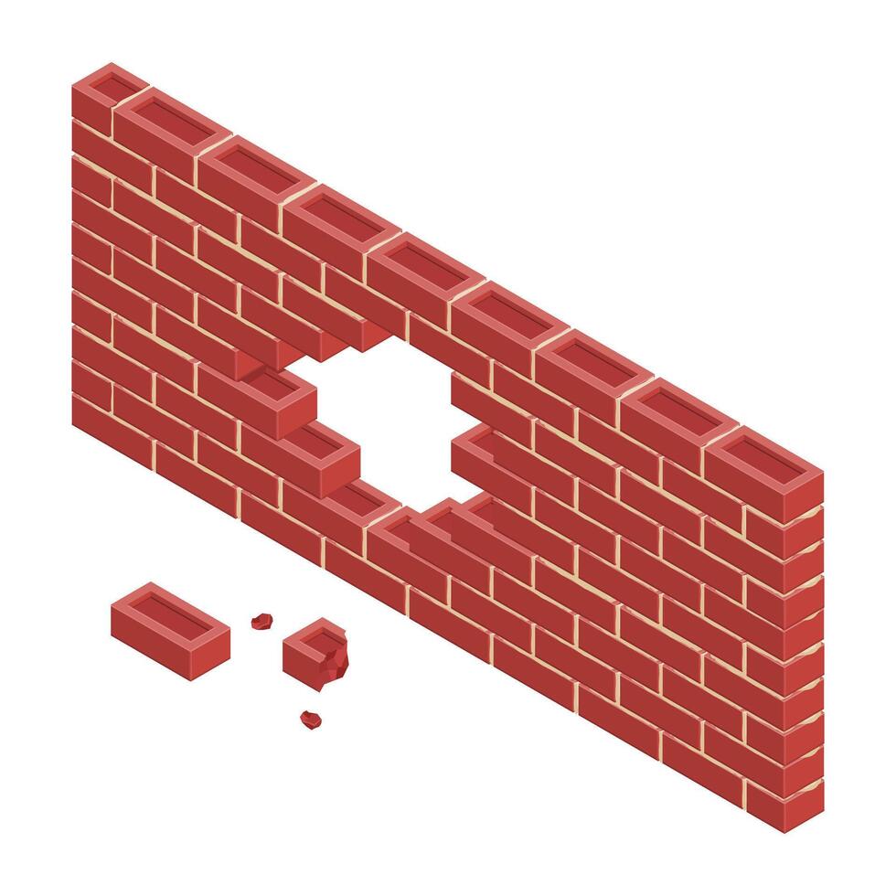Isometric Damaged Red Brick Wall with Hole Damage - Color Icon Illustration Symbol vector