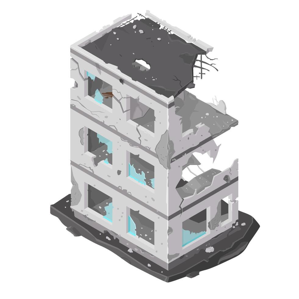Isometric Bombed Building Explosion Damaged Architecture War Conflict - Icon Illustration vector