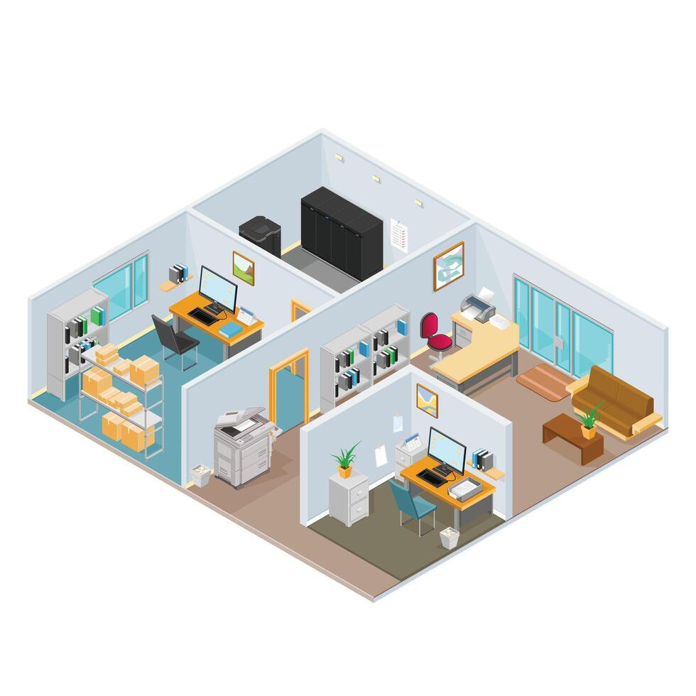 Isometric Modern Corporate Office Building Interior Color Icon illustration vector
