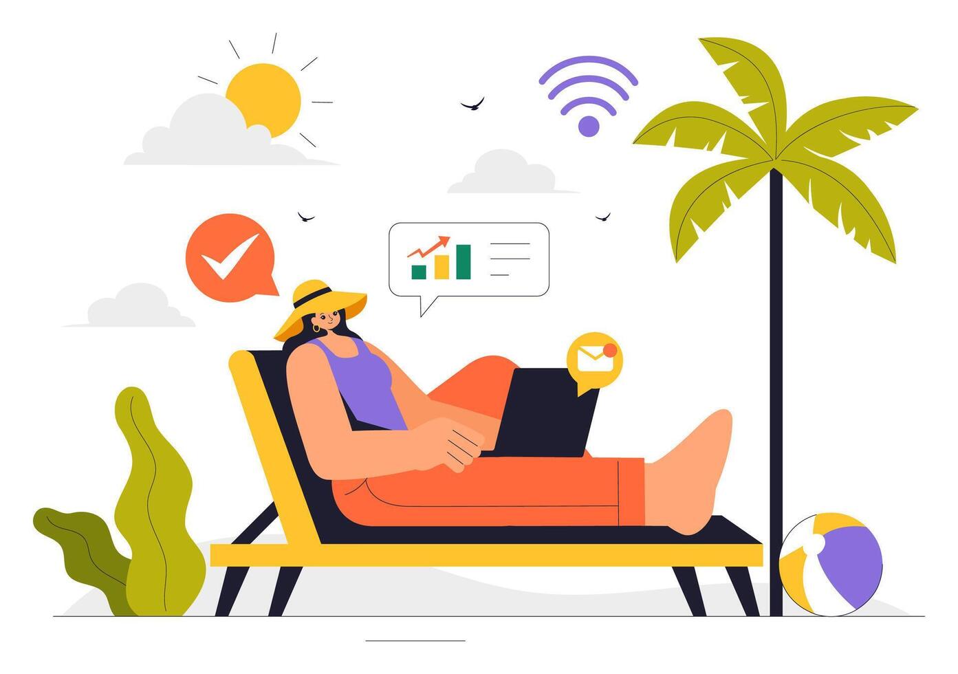 Freelance Work and Travel Illustration of a Digital Nomad in a Relaxing Scene vector