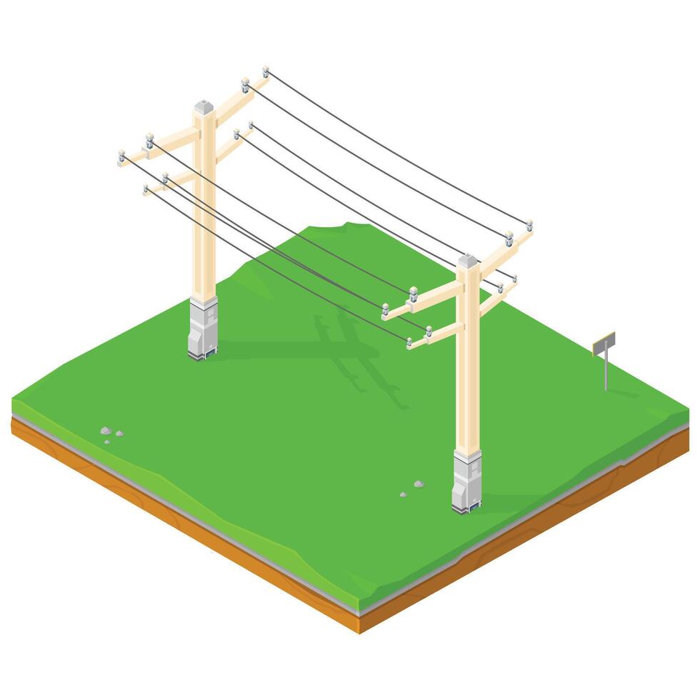 isometric High Voltage power lines illustration Icon Power electric cables Over Grass land vector