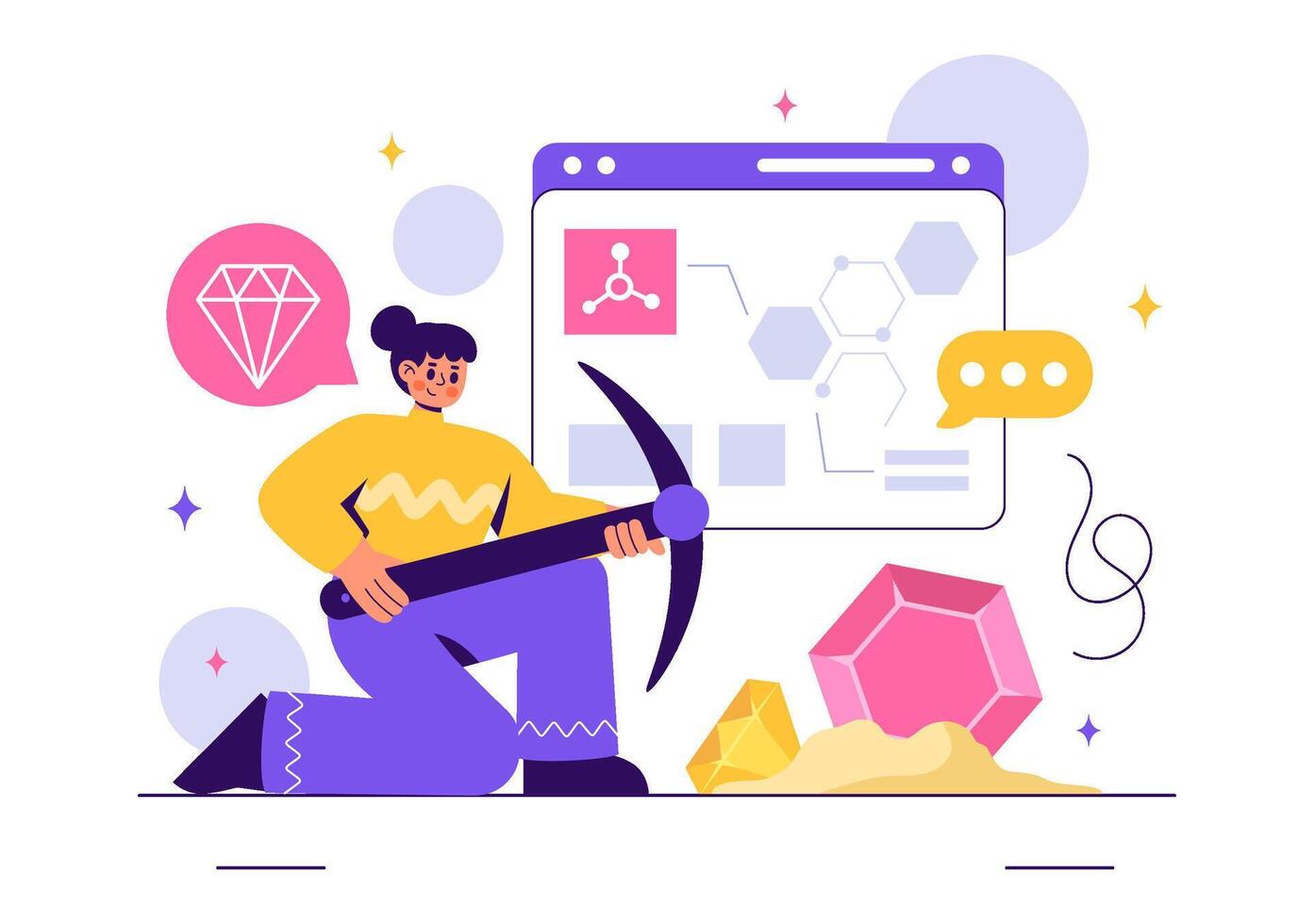 Cartoon of a Geologist Investigating Rocks, Minerals, and Crystal Formations vector