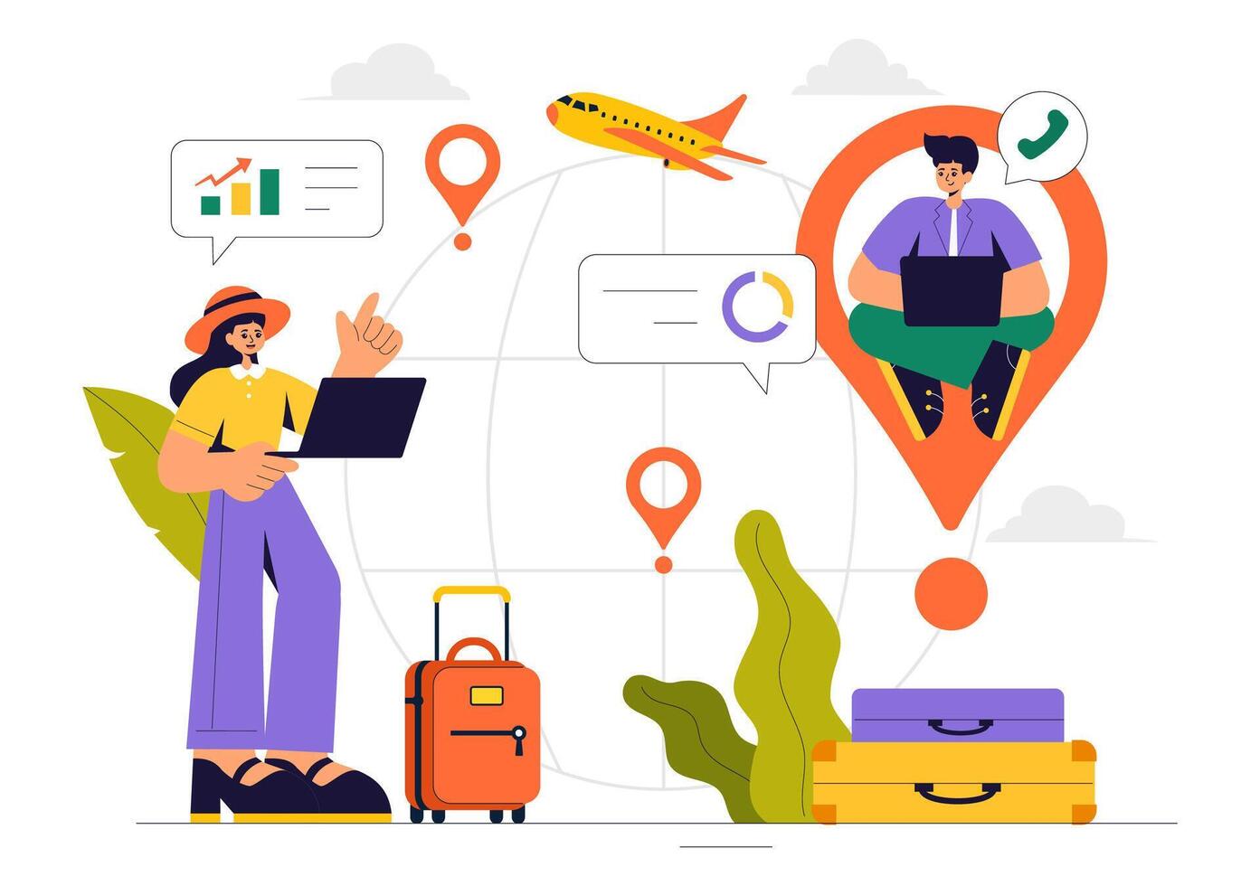 Laptop Work and Travel Lifestyle of a Digital Nomad in a Flat Style Cartoon Illustration vector
