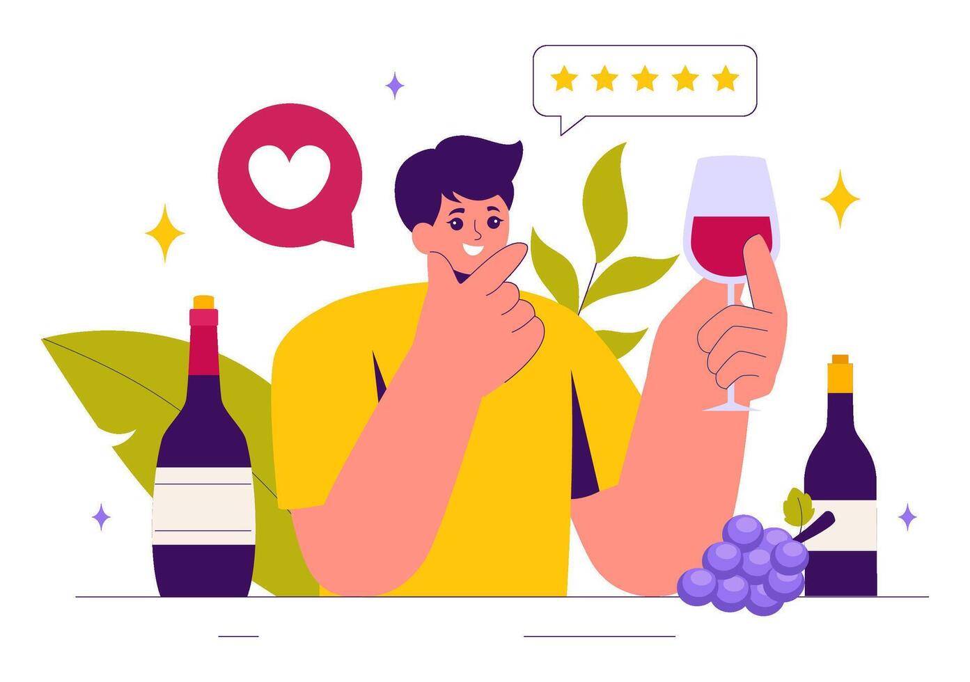 Elegant Wine Tasting Scene Featuring Glasses, Bottles, and Fresh Grapes in a Flat Style Cartoon Background vector