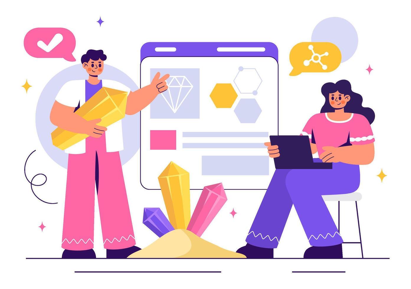 Illustration of a Scientist Studying Mineral Structures and Gemstones in a Flat Style vector