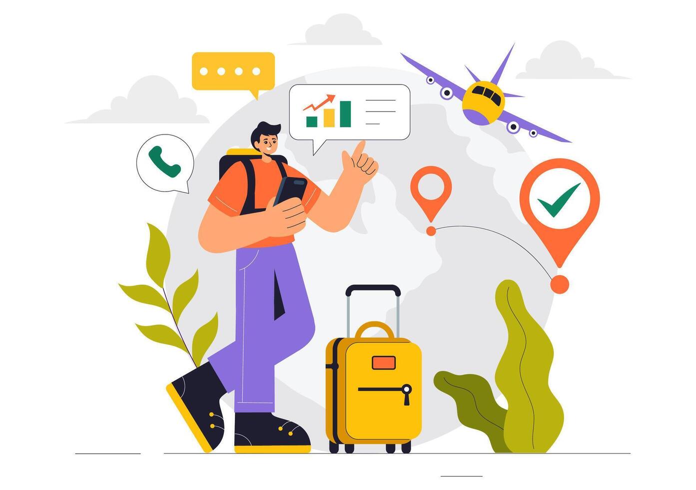 Digital Nomad Working on a Laptop While Traveling in a Flat Style Cartoon Background vector