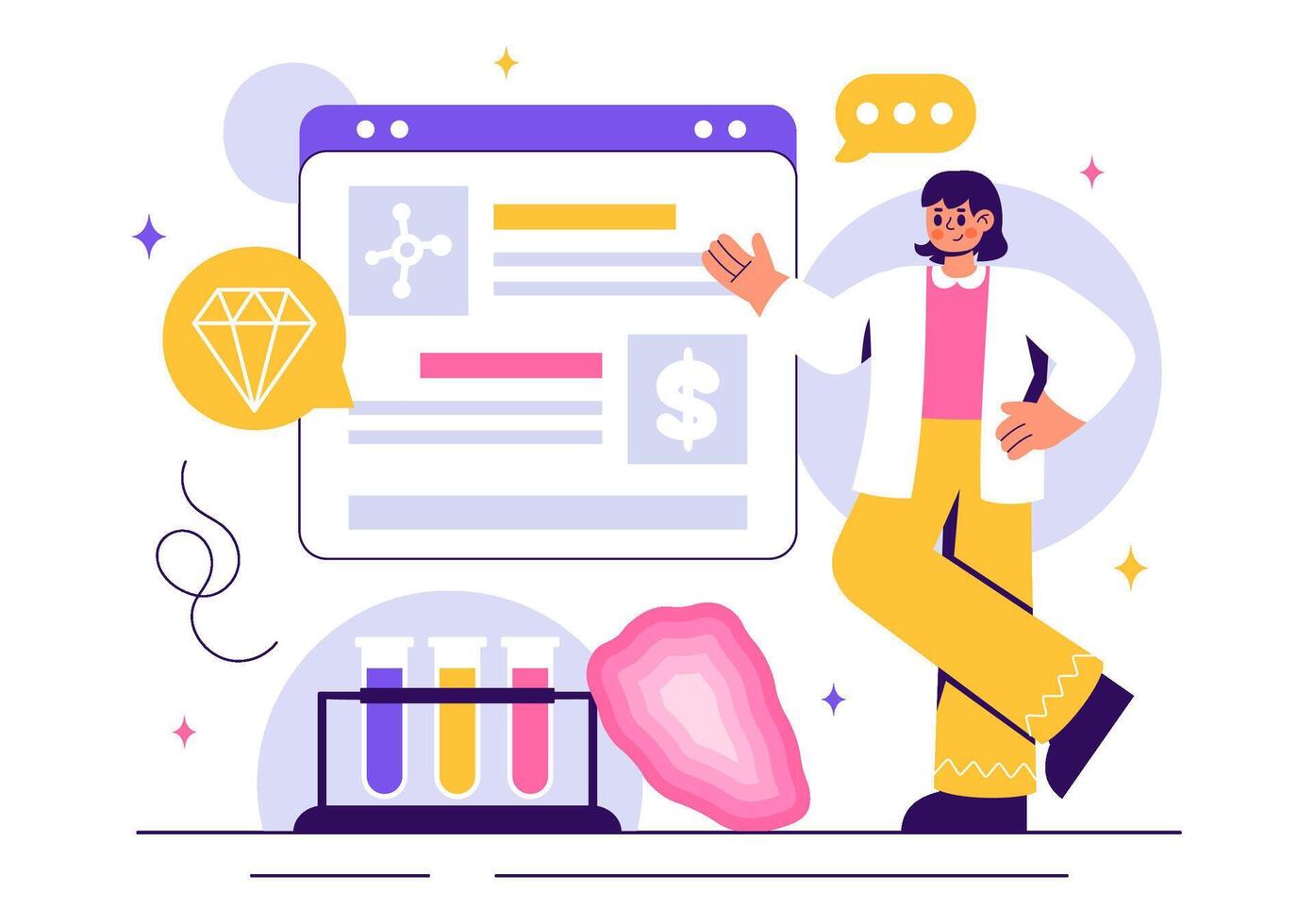 Scientific Mineral Research with a Geologist and Natural Rock Samples in a Flat Illustration vector