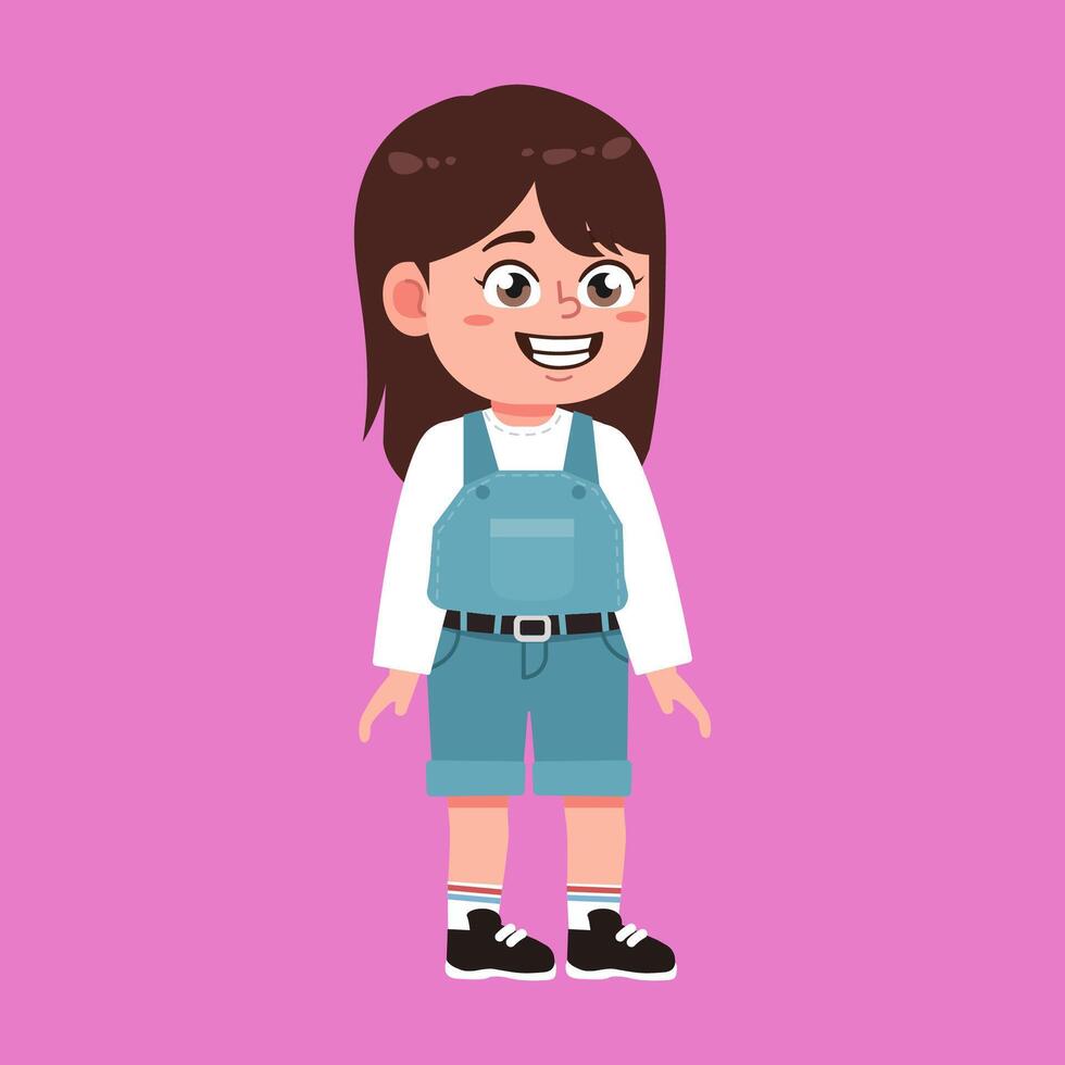 Cute Girl with Brown Long Hair cartoon standing and smile vector
