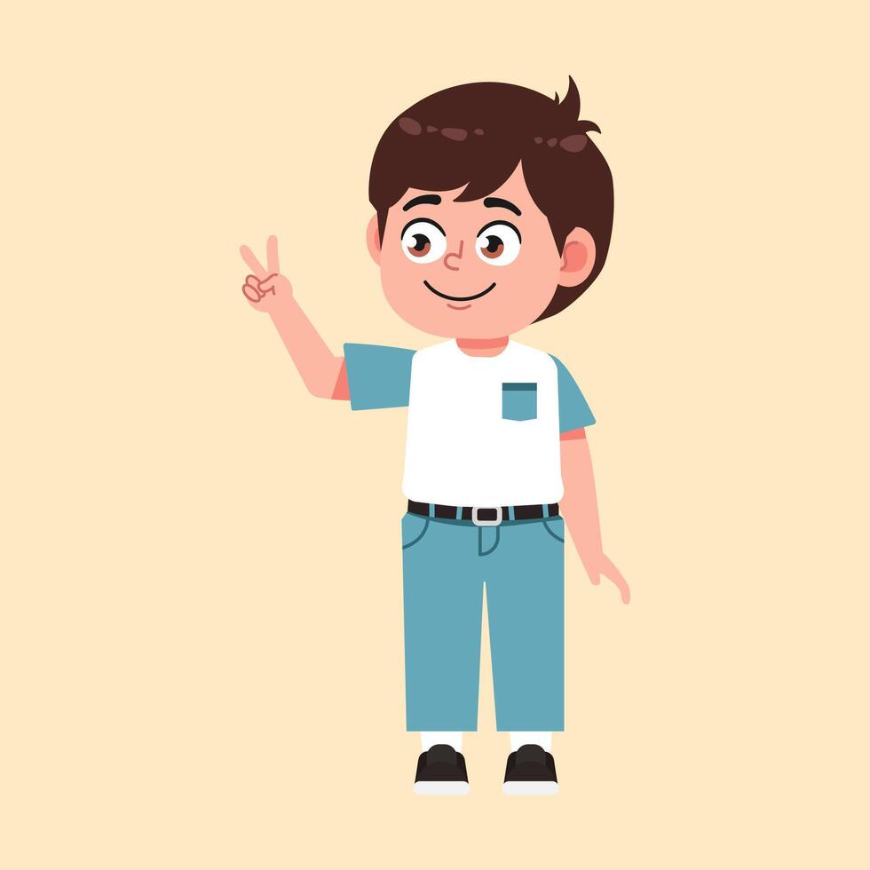 Cute Boy with Brown Hair cartoon peace and two sign vector