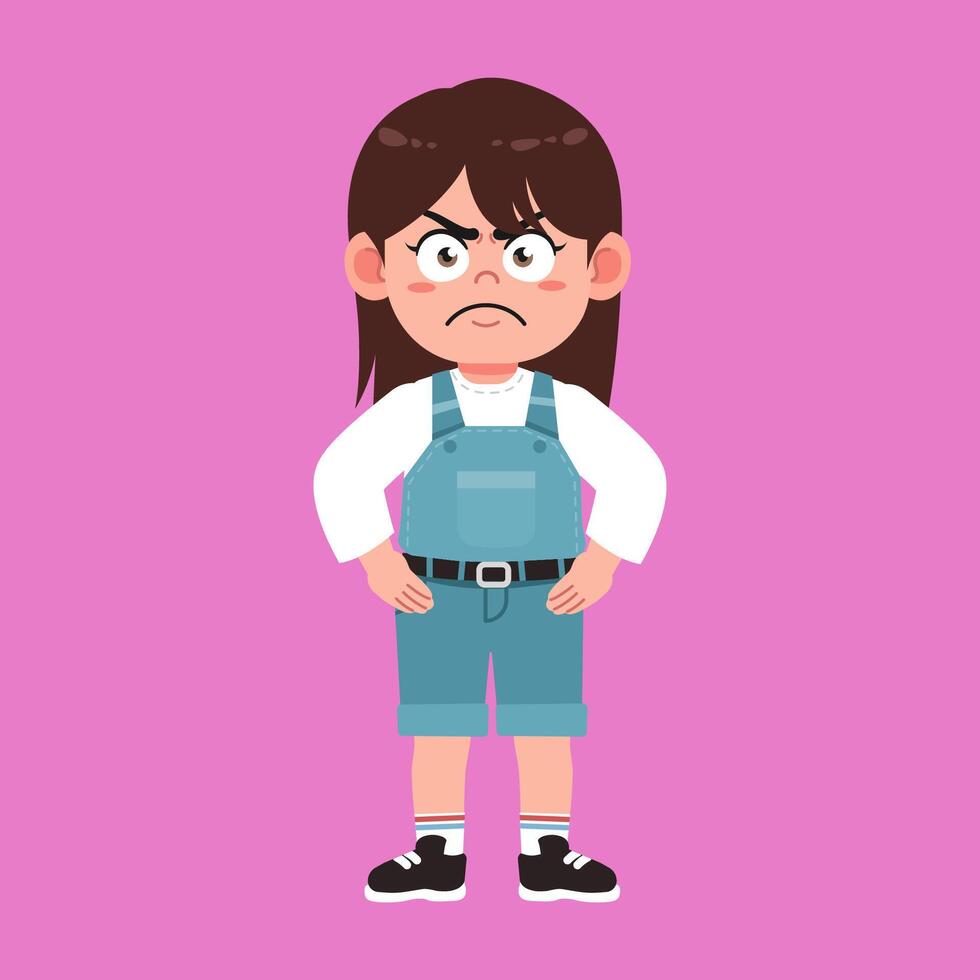 Cute Girl with Brown Long Hair cartoon mad and frustrated vector