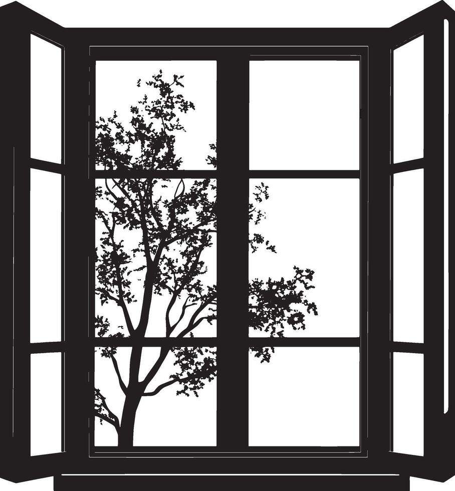a black and white illustration of a tree outside of an open window vector