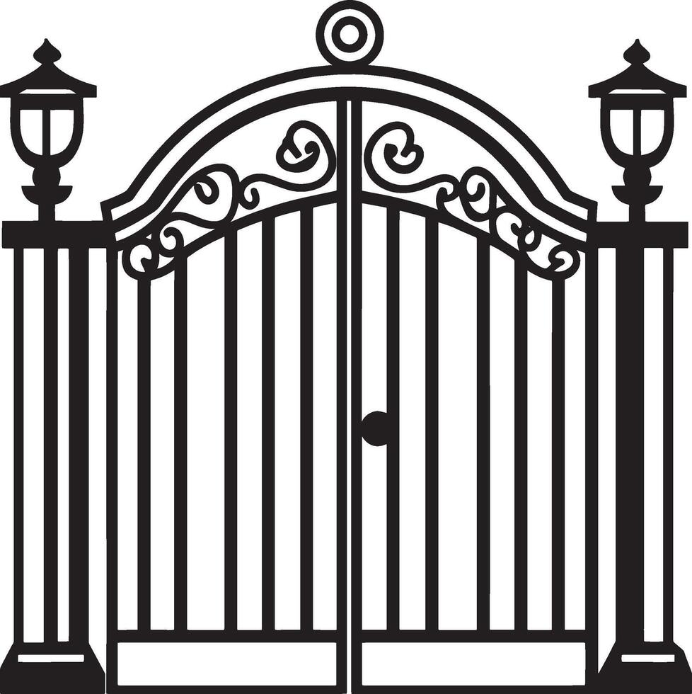 an iron gate with a lantern and a light post vector