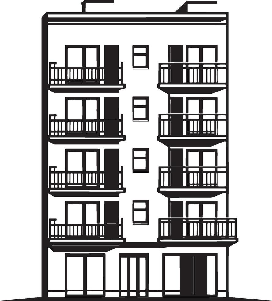a black and white drawing of a building with balconies vector
