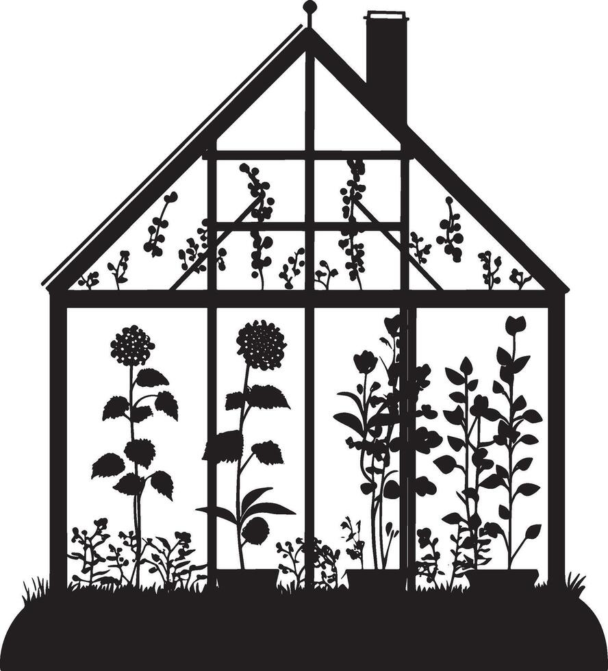 silhouette of a greenhouse with plants and flowers vector