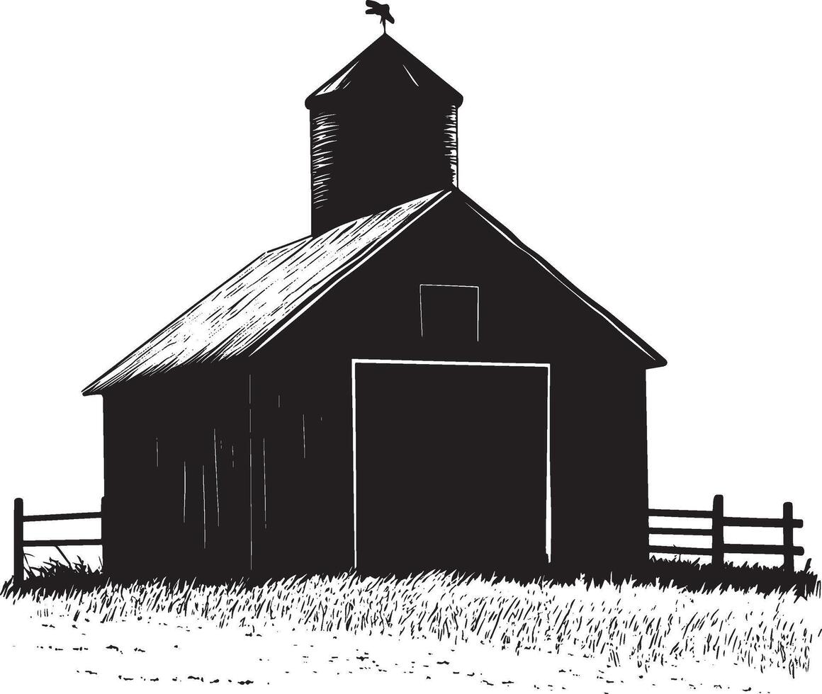 A grayscale illustration of a countryside barn. vector