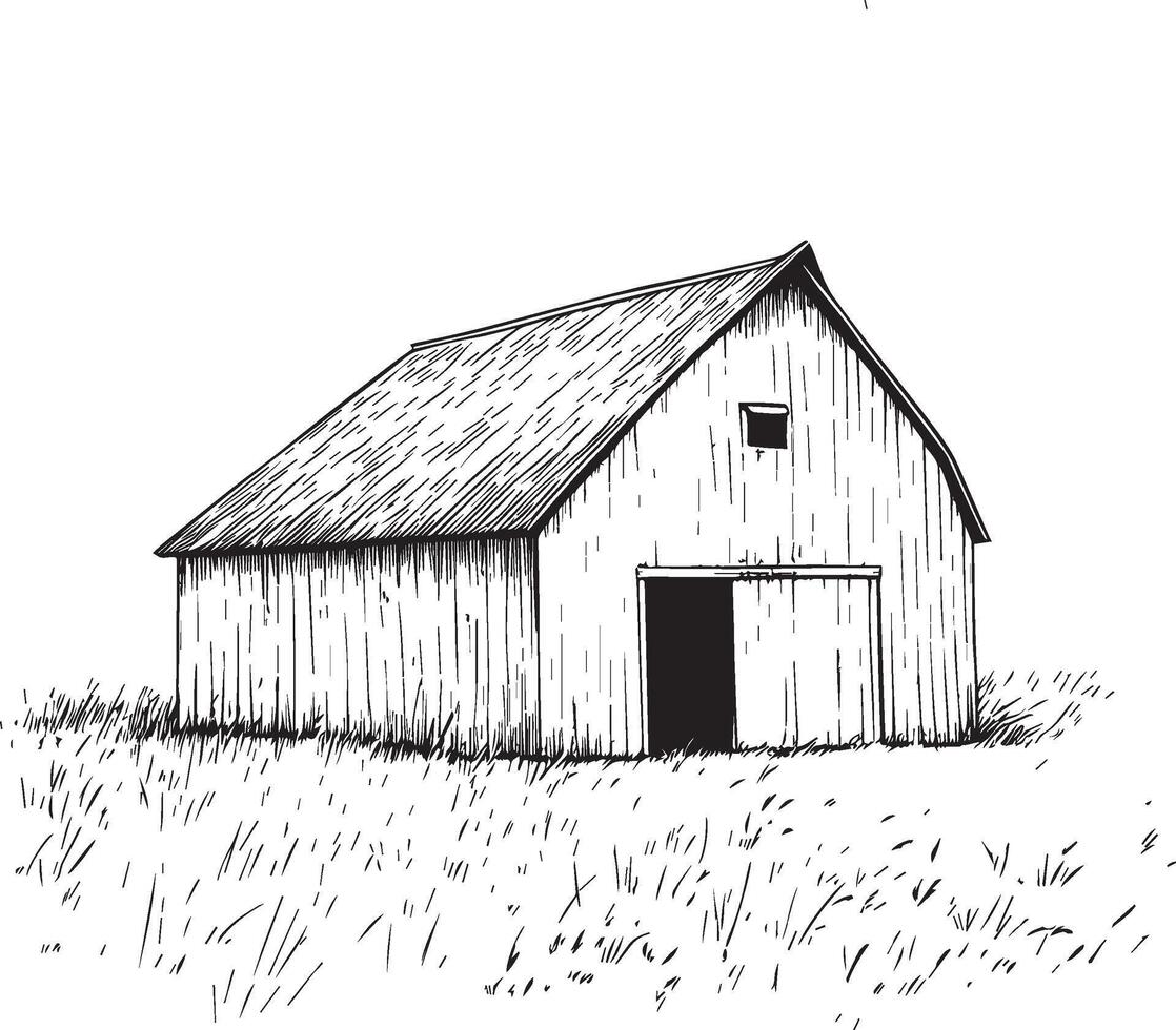 A black-and-white depiction of a farmhouse barn. vector