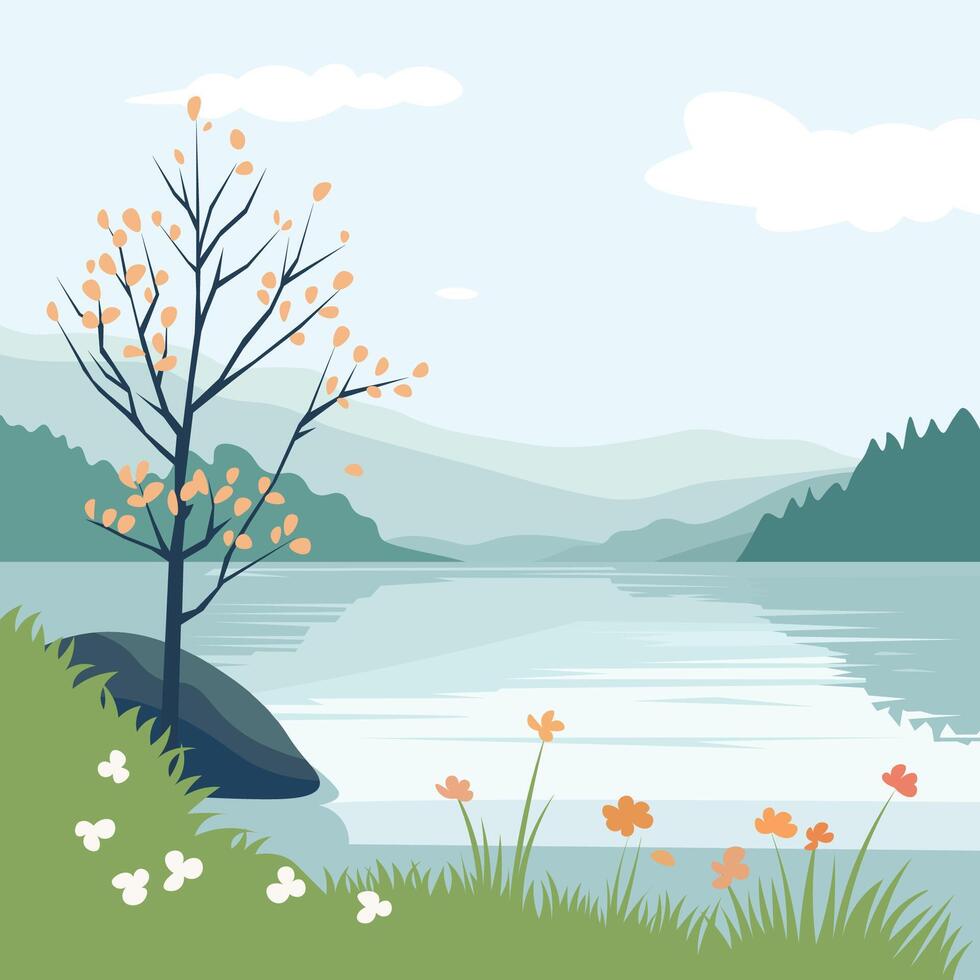 Tranquil Spring Nature by the Lake vector