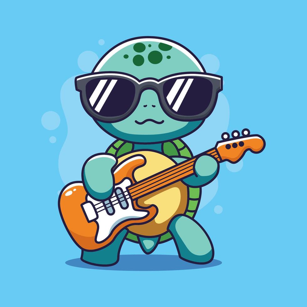 Turtle with guitar and sunglasses. Cute cartoon illustration. vector