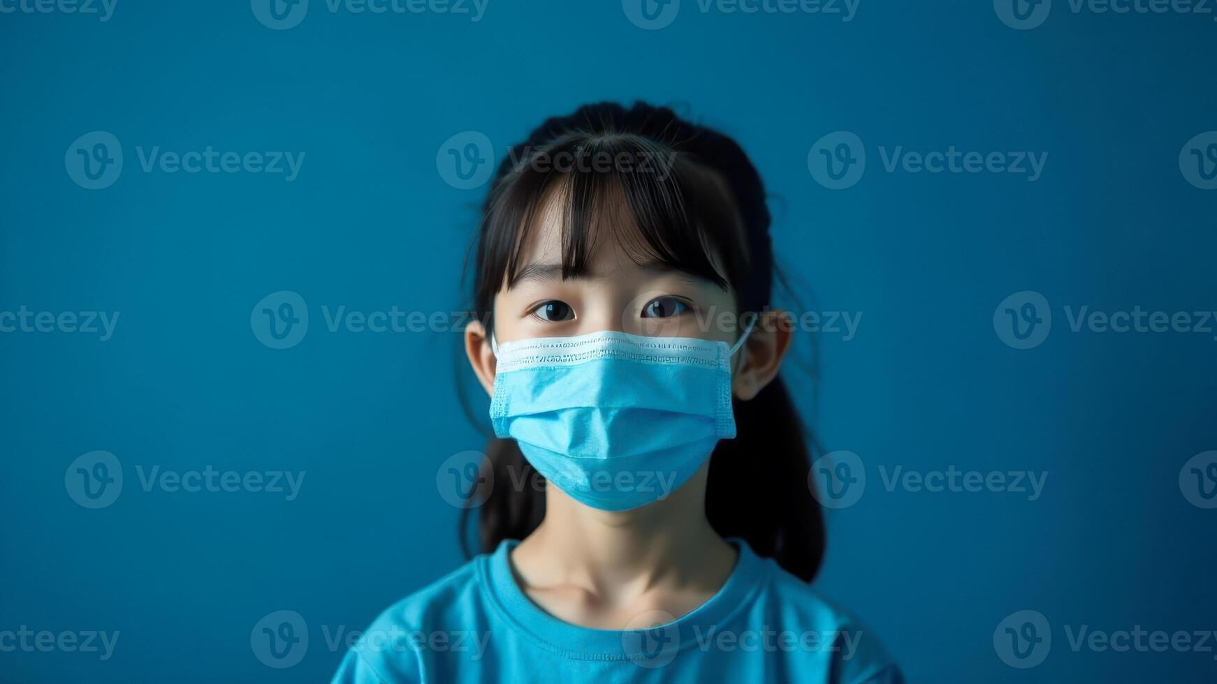 A girl in a surgical mask looks calm and thoughtful in front of a blue wall photo