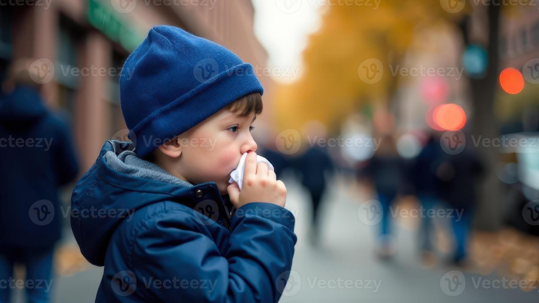 A little boy in a blue jacket blows his nose outdoors on a cold autumn day photo