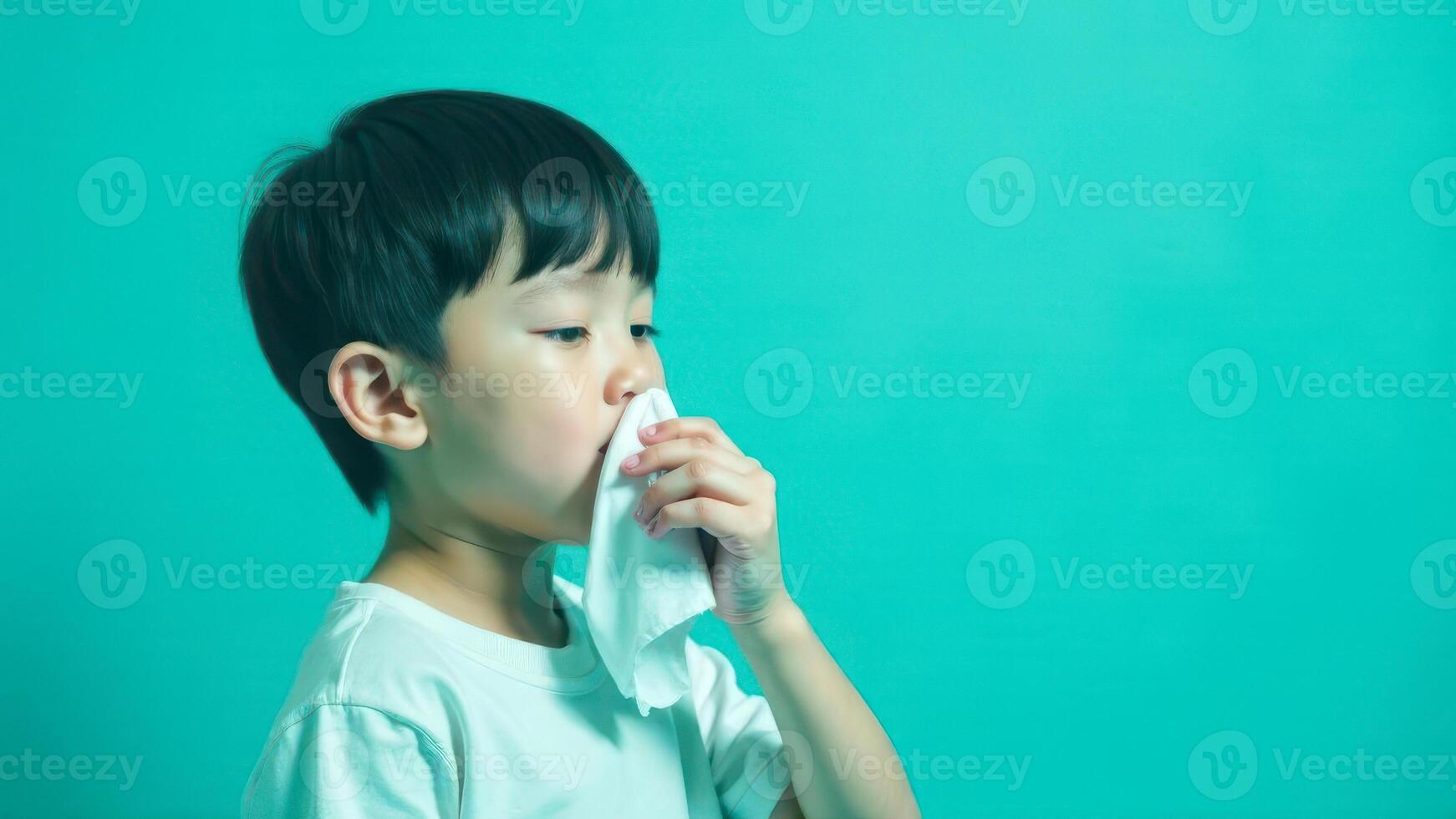 A boy holds a tissue to his nose, sneezing against a turquoise background photo