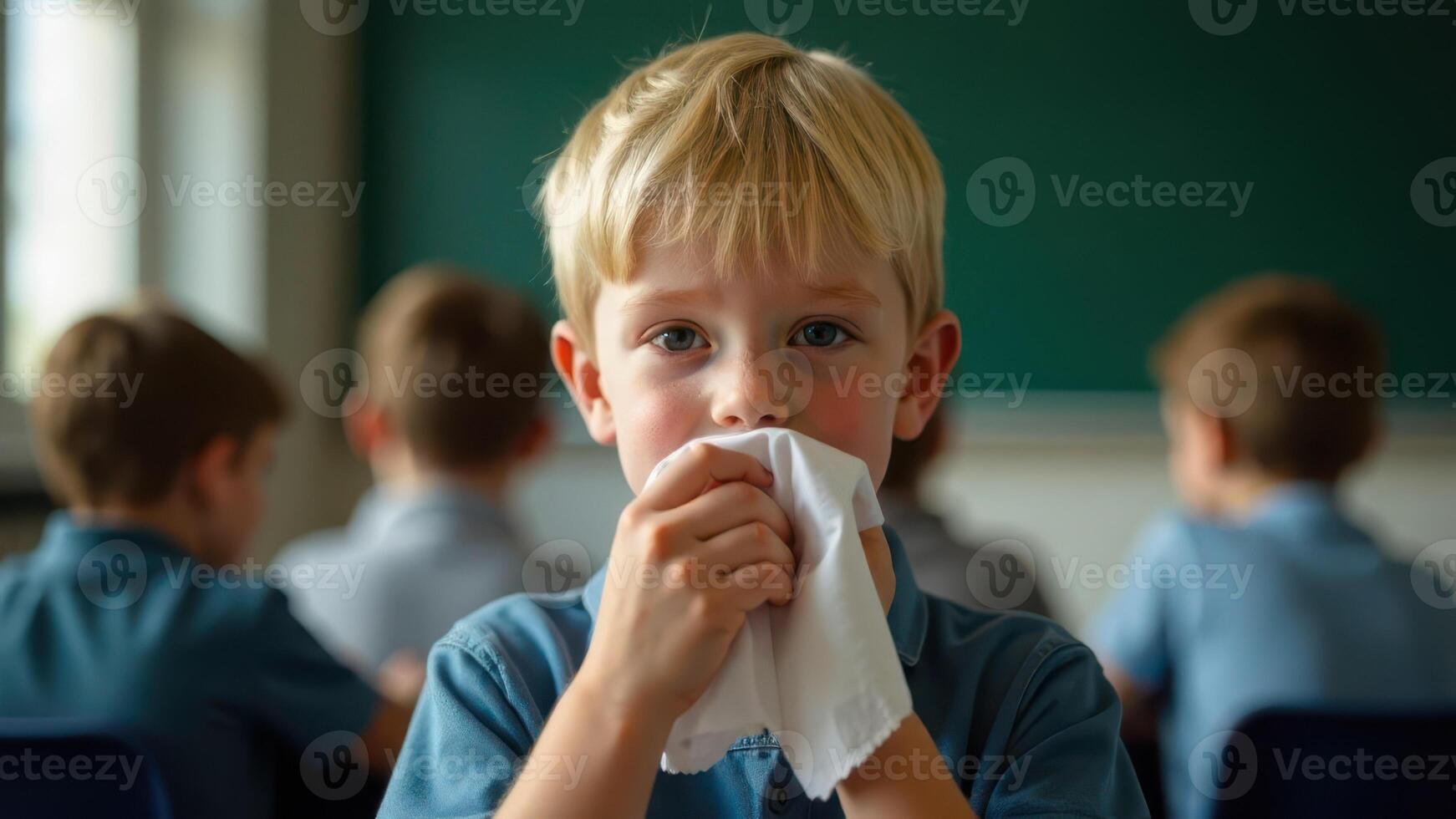 A boy in class blows his nose, appearing unwell while surrounded by classmates photo