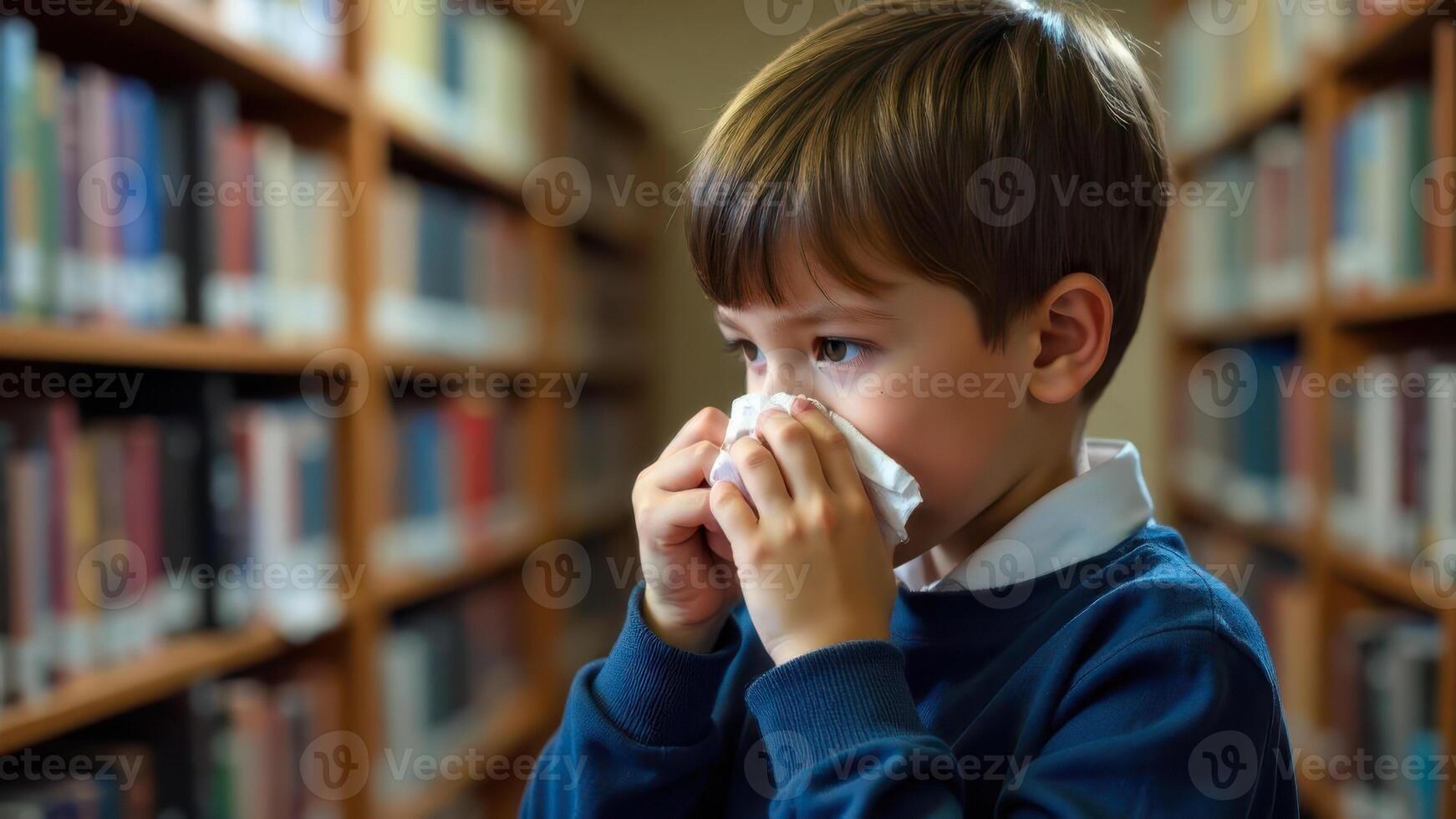 A boy sits in a school library blowing his nose with a handkerchief, look unwell photo