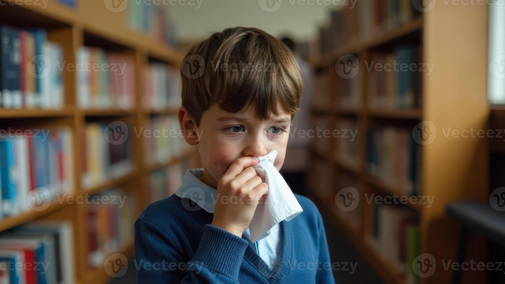 A boy in a library blows his nose into a tissue, looking visibly unwell photo