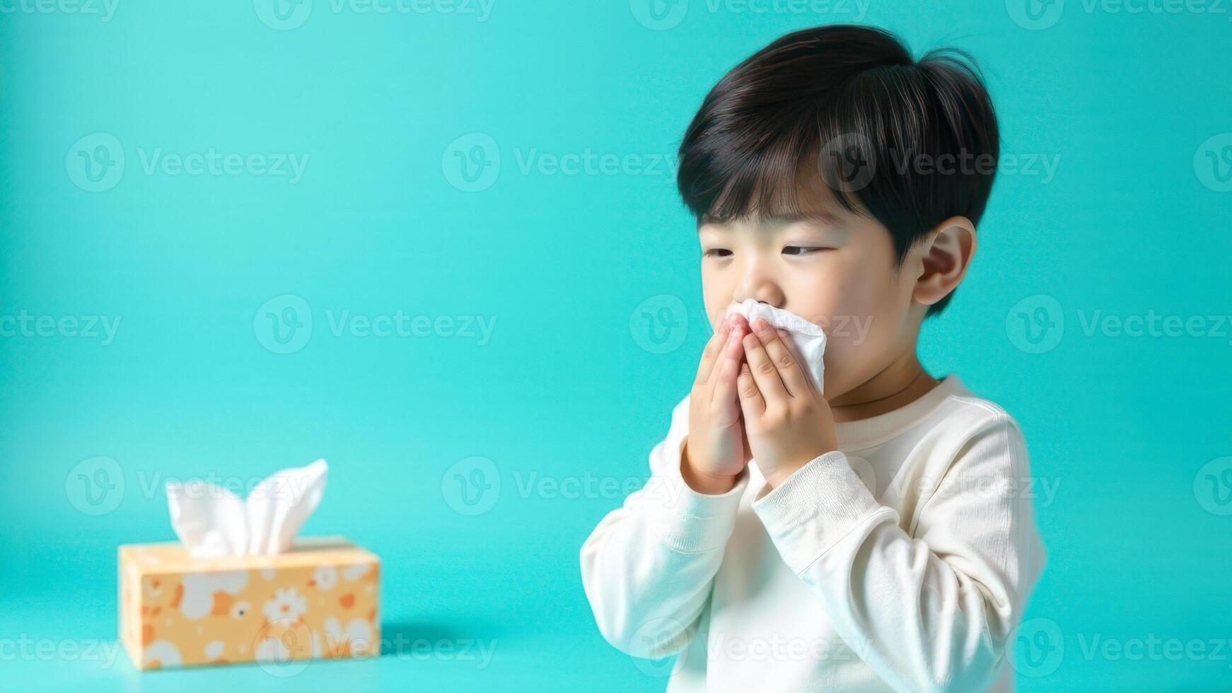 A little boy sneezes into a tissue near a tissue box on a table photo